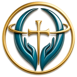 Aura Integra emblem: two teal cupped hands holding a gold cross inside a gold ring.